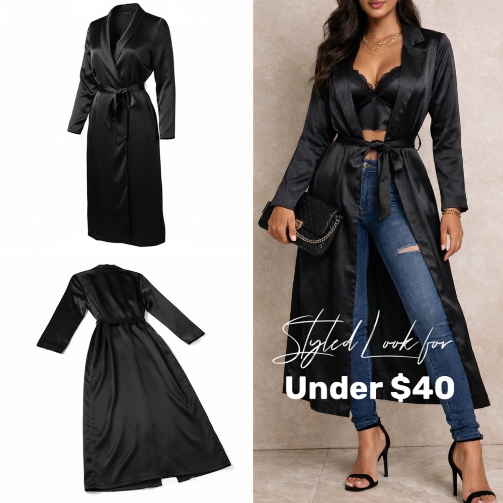 Forever 21 Satin Black Trench Duster Kimono • Layering Piece • Under $40 Style